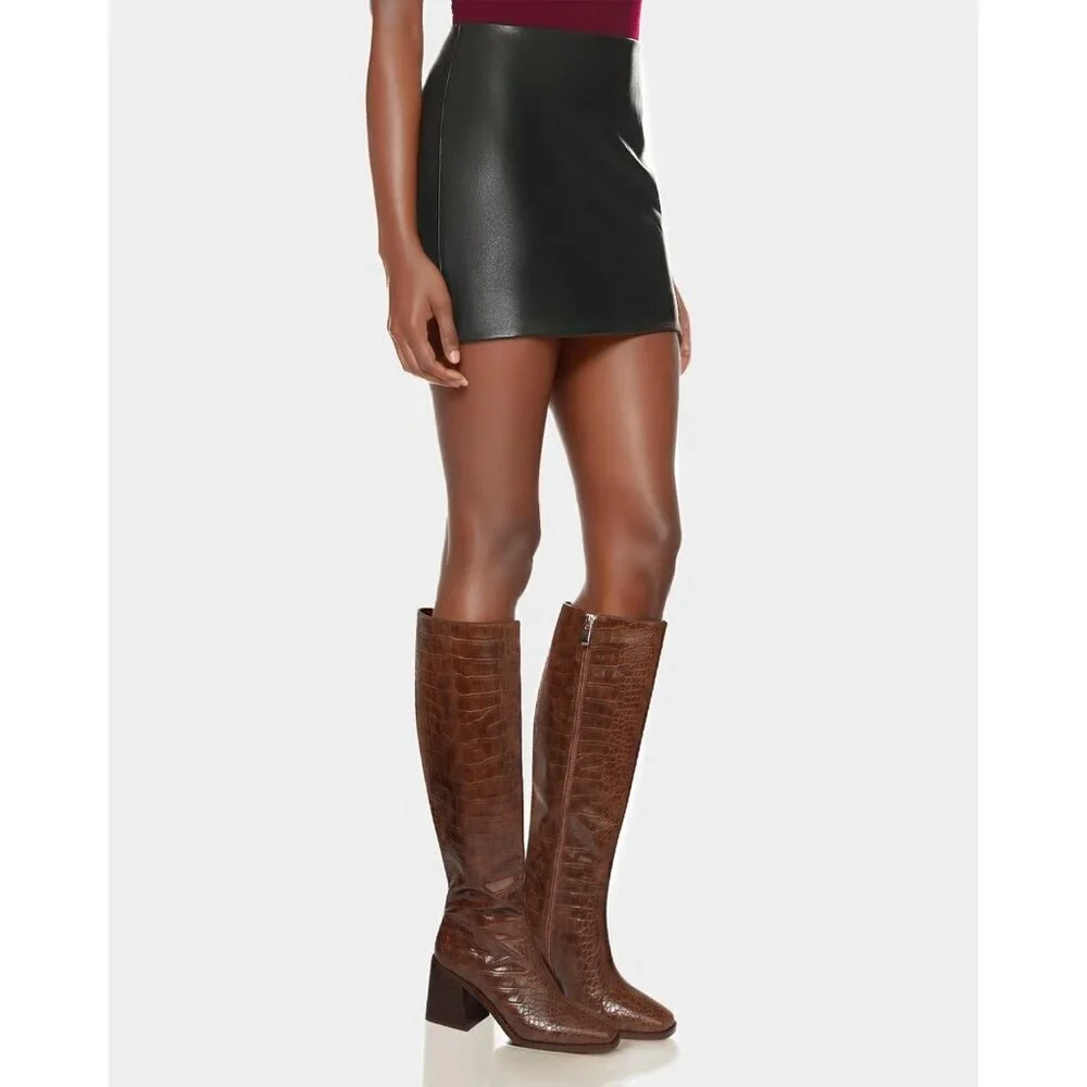 Women Crocodile Brown Polyurethane Knee High Square Toe Block Heel Tall Boots